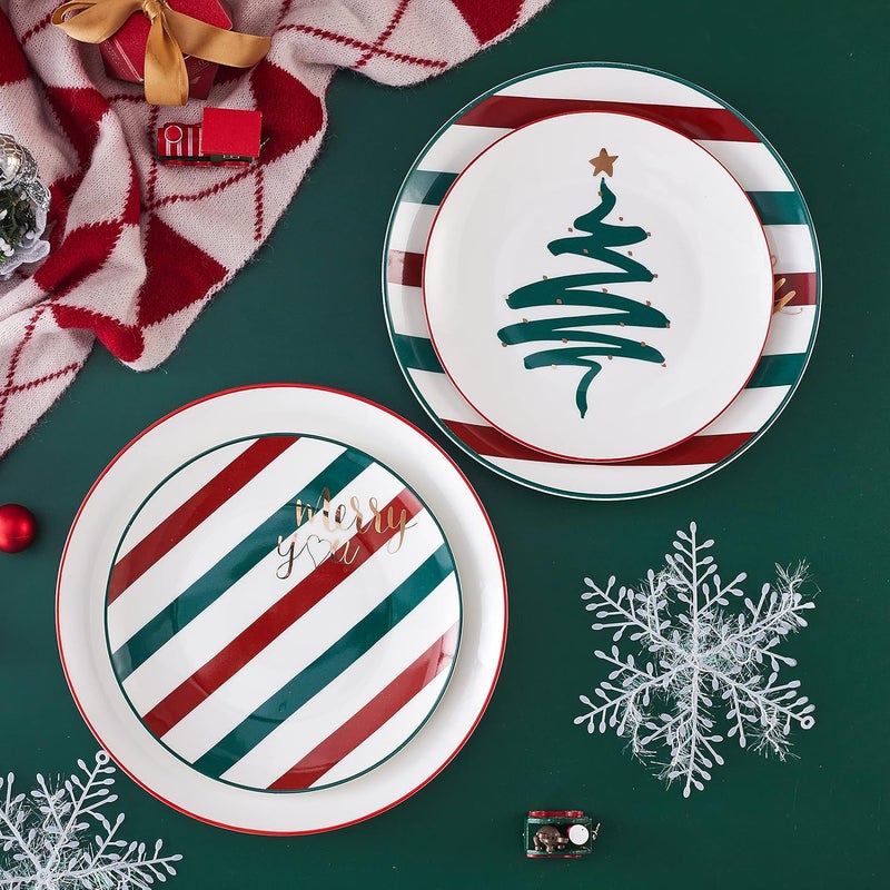 Swuut Christmas Holiday Bone China Dinner Plates  Dessert Plates  Salad Plates Set of 4Dishwasher Safe Tree 10 inch - Image 3
