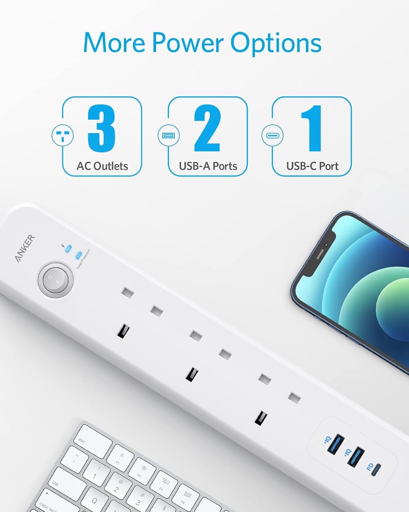 Anker A9136K21 Power Extend 3 Way Extension Strip, Cable - White - Image 3