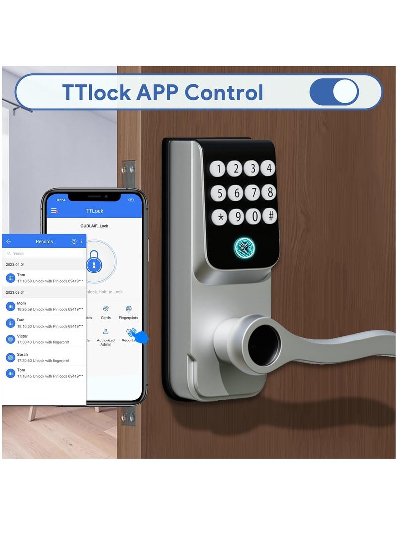 Keyless Entry Door Lock with Handle, 5-in-1 Smart Door Lock with Keypads, Digital Smart Locks for Front Door, Fingerprint Door Locks Support WiFi & APP Control, Biometric Door Lock for Home, Office