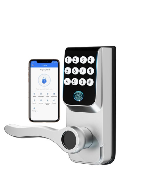 Keyless Entry Door Lock with Handle, 5-in-1 Smart Door Lock with Keypads, Digital Smart Locks for Front Door, Fingerprint Door Locks Support WiFi & APP Control, Biometric Door Lock for Home, Office