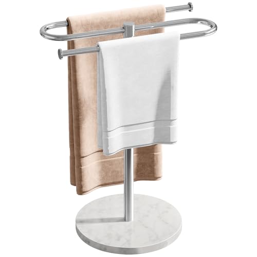 STWWO Countertop Towel Stand with Marble Base SShape Freestanding Hand Towel Holder for Bathroom Vanity Kitchen Counter RustProof Stainless Steel Brushed Nickel - Image 1
