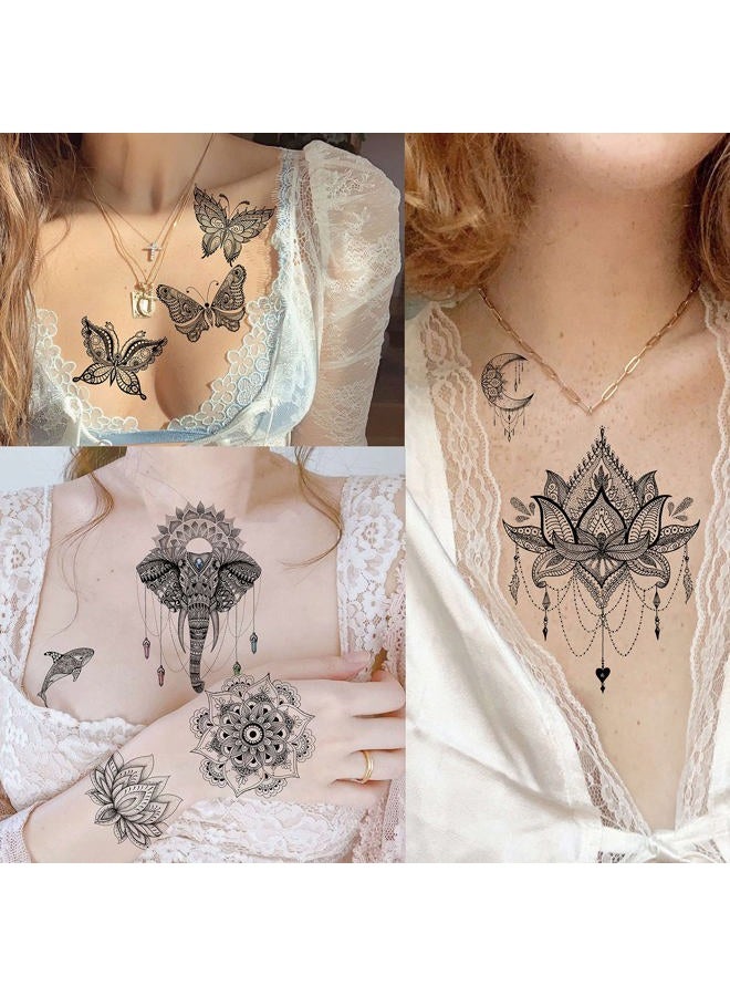 VANTATY 8 أوراق تاتو مؤقت كبيرة على شكل زهرة لوتس مع ملصقات مزيفة من الجواهر السوداء وحناء حلم الصيد للنساء والفتيات وفن الجسم على الذراع مع تاتو ماندالا كبير من الفاوانيا على الصدر والساقين وبوذا - Image 3