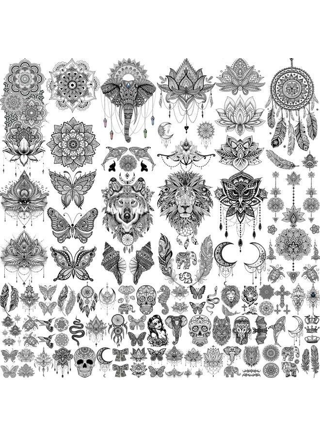VANTATY 8 أوراق تاتو مؤقت كبيرة على شكل زهرة لوتس مع ملصقات مزيفة من الجواهر السوداء وحناء حلم الصيد للنساء والفتيات وفن الجسم على الذراع مع تاتو ماندالا كبير من الفاوانيا على الصدر والساقين وبوذا - Image 1