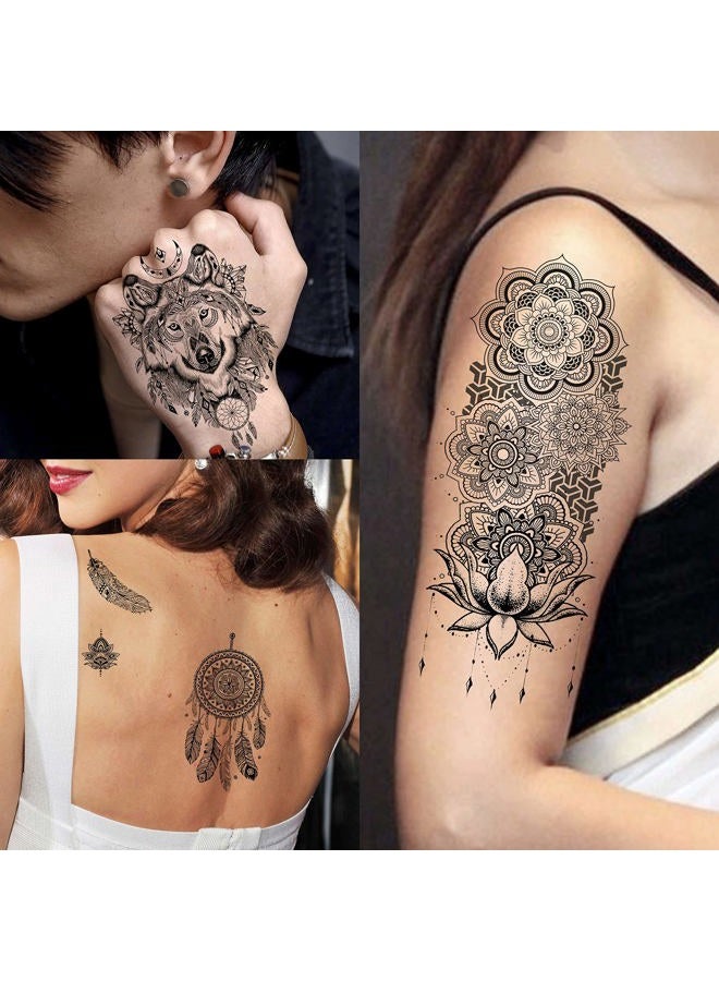 VANTATY 8 أوراق تاتو مؤقت كبيرة على شكل زهرة لوتس مع ملصقات مزيفة من الجواهر السوداء وحناء حلم الصيد للنساء والفتيات وفن الجسم على الذراع مع تاتو ماندالا كبير من الفاوانيا على الصدر والساقين وبوذا - Image 4