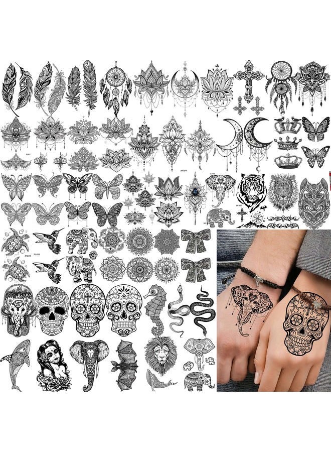 VANTATY 8 أوراق تاتو مؤقت كبيرة على شكل زهرة لوتس مع ملصقات مزيفة من الجواهر السوداء وحناء حلم الصيد للنساء والفتيات وفن الجسم على الذراع مع تاتو ماندالا كبير من الفاوانيا على الصدر والساقين وبوذا - Image 5