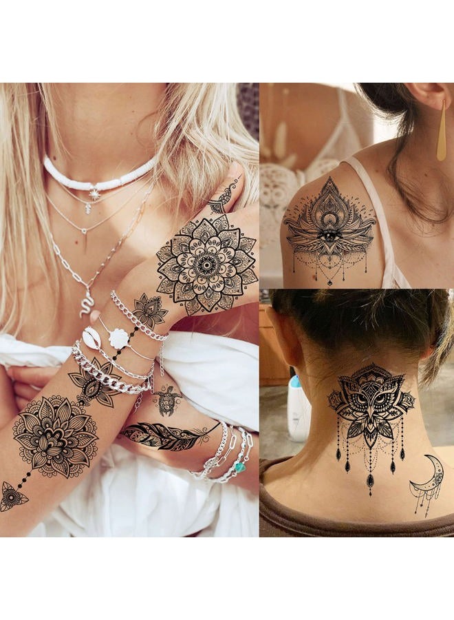VANTATY 8 أوراق تاتو مؤقت كبيرة على شكل زهرة لوتس مع ملصقات مزيفة من الجواهر السوداء وحناء حلم الصيد للنساء والفتيات وفن الجسم على الذراع مع تاتو ماندالا كبير من الفاوانيا على الصدر والساقين وبوذا - Image 2