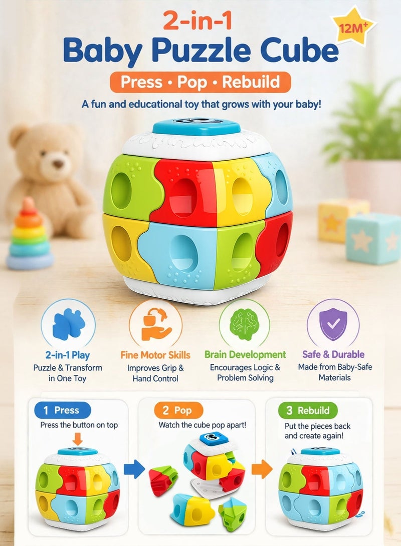 Oobidoo 2-in-1 Baby Puzzle Cube Toy for Toddlers 12 Months+ Press & Pop Action Cube Shape Sorting Building Blocks Brain Development Learning Toy Fine Motor Skills Hand Eye Coordination Educational Montessori Toys for Kids Boys Girls Multicolor Transform Cube - Image 2