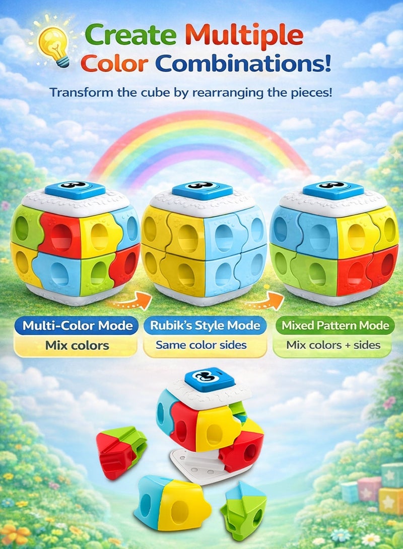 Oobidoo 2-in-1 Baby Puzzle Cube Toy for Toddlers 12 Months+ Press & Pop Action Cube Shape Sorting Building Blocks Brain Development Learning Toy Fine Motor Skills Hand Eye Coordination Educational Montessori Toys for Kids Boys Girls Multicolor Transform Cube - Image 3