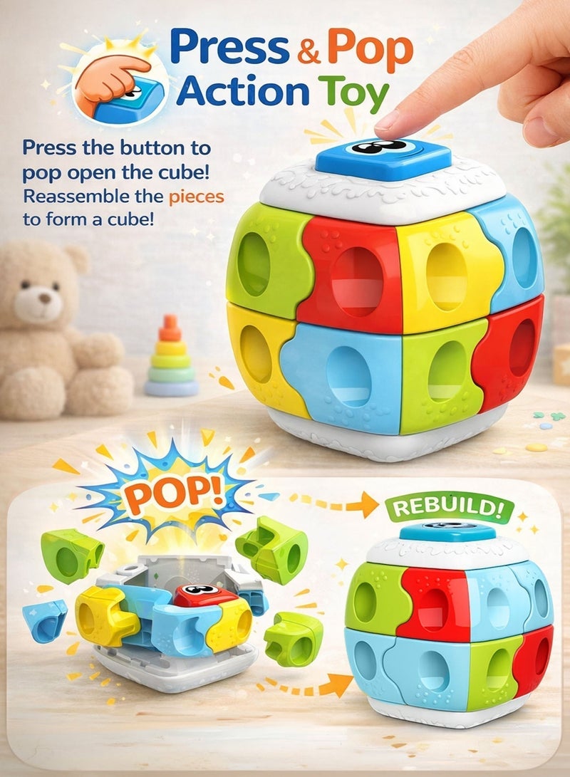 Oobidoo 2-in-1 Baby Puzzle Cube Toy for Toddlers 12 Months+ Press & Pop Action Cube Shape Sorting Building Blocks Brain Development Learning Toy Fine Motor Skills Hand Eye Coordination Educational Montessori Toys for Kids Boys Girls Multicolor Transform Cube - Image 4