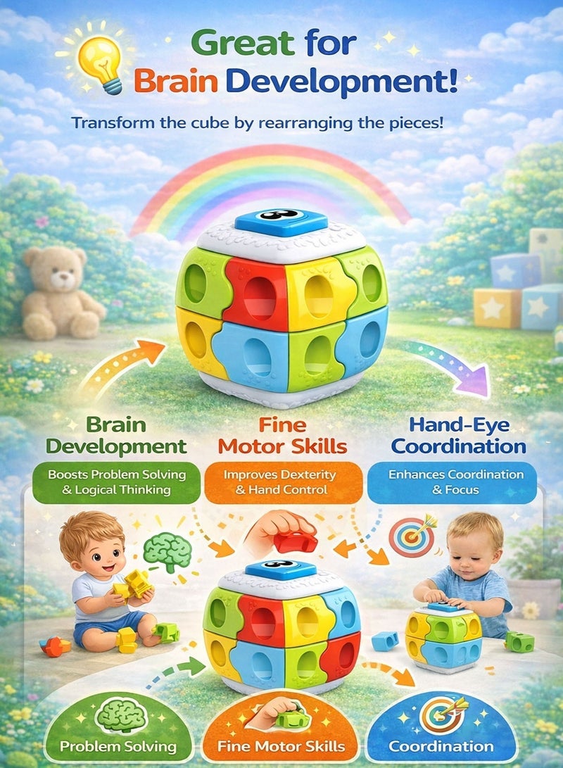 Oobidoo 2-in-1 Baby Puzzle Cube Toy for Toddlers 12 Months+ Press & Pop Action Cube Shape Sorting Building Blocks Brain Development Learning Toy Fine Motor Skills Hand Eye Coordination Educational Montessori Toys for Kids Boys Girls Multicolor Transform Cube - Image 5