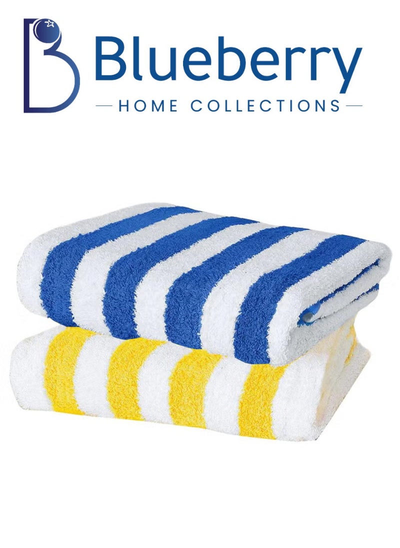 Blueberry Pack of Two - Stripe Beach Towel 100% Cotton - 90x180cm (Yellow-White) and (Blue-White) - Image 1