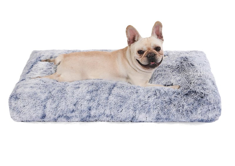 Bedfolks Plush Dog Crate Bed, Washable Cover, Faux Fur, Large, 35"x23", Dark Blue - Image 1