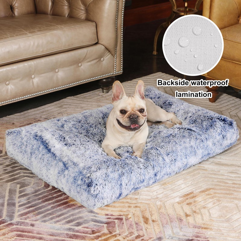 Bedfolks Plush Dog Crate Bed, Washable Cover, Faux Fur, Large, 35"x23", Dark Blue - Image 2