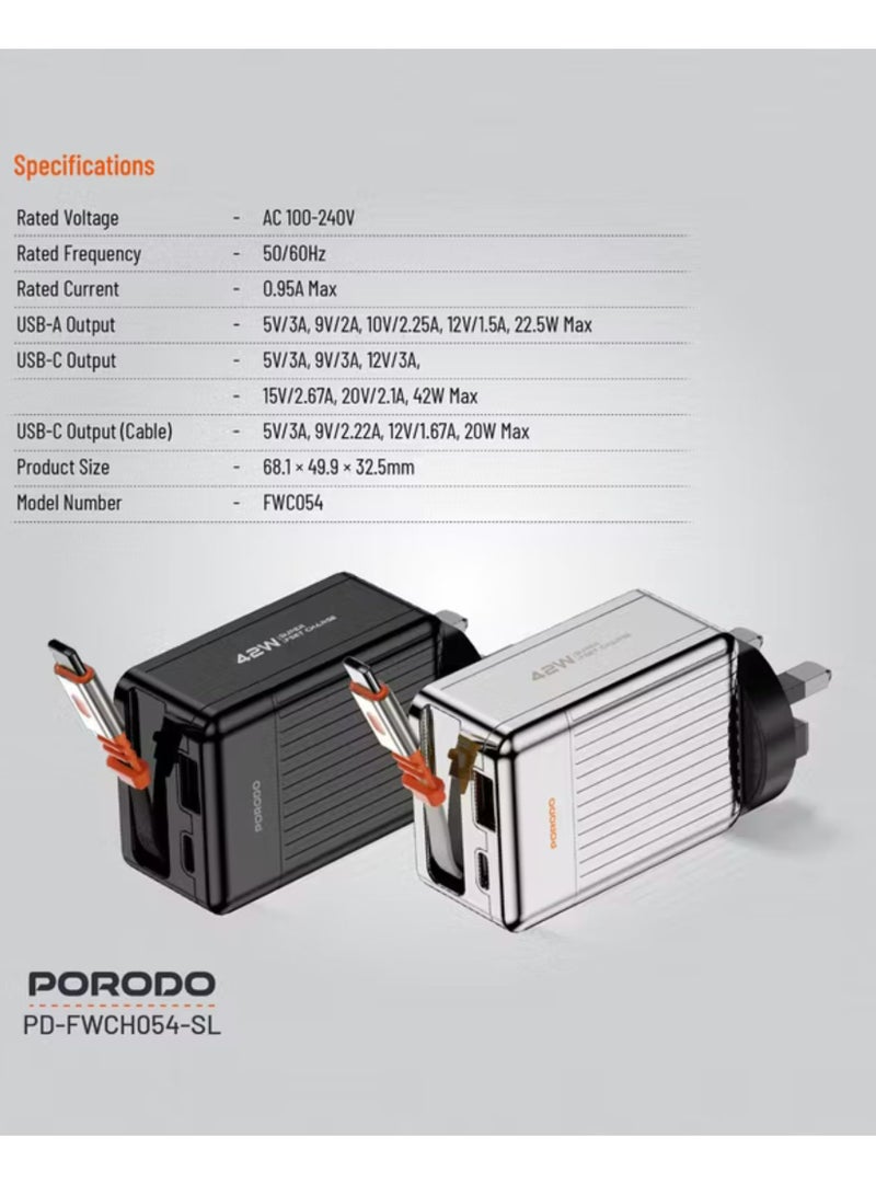 porodo Super Quick GaN Charger with 75cm Retractable Type-C Cable, 42W Power Delivery, Simultaneous Charging, 22.5W USB-A Output, Built-in Safeguards - Black  - Image 2