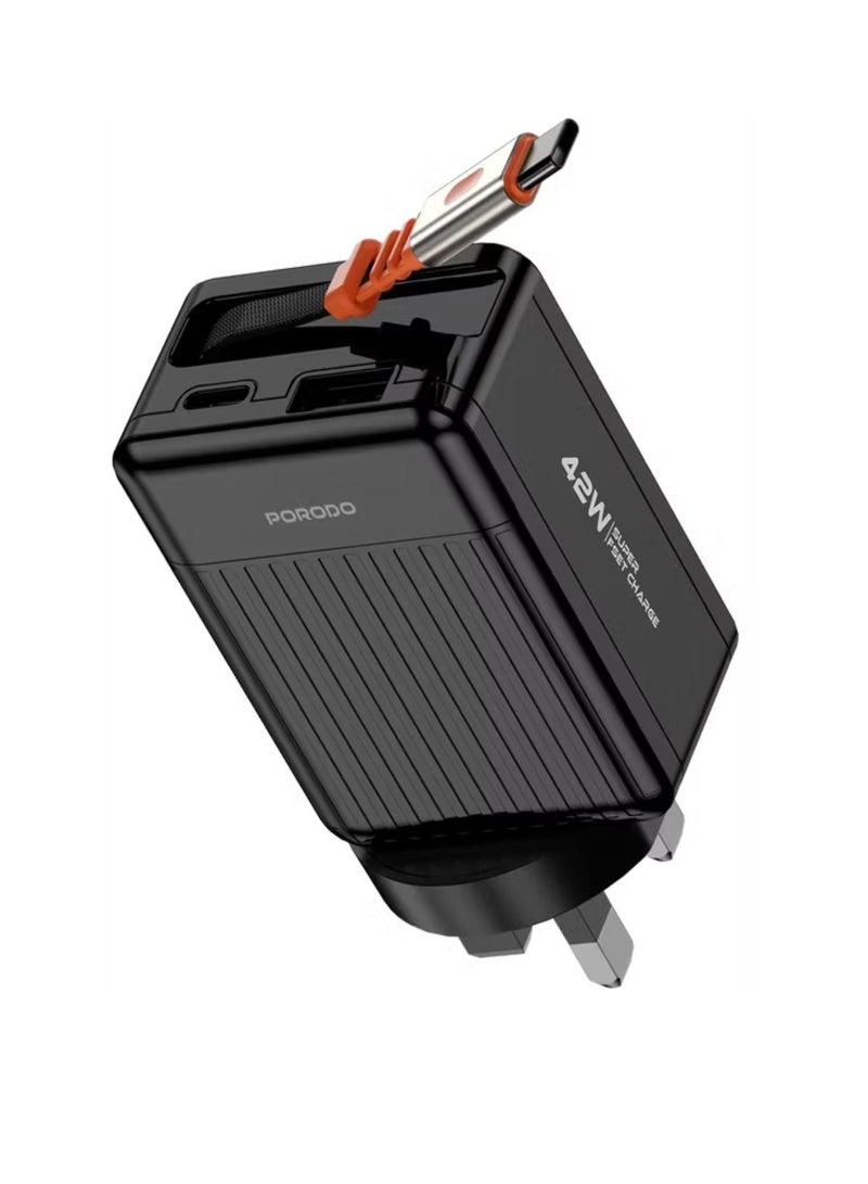 porodo Super Quick GaN Charger with 75cm Retractable Type-C Cable, 42W Power Delivery, Simultaneous Charging, 22.5W USB-A Output, Built-in Safeguards - Black  - Image 1
