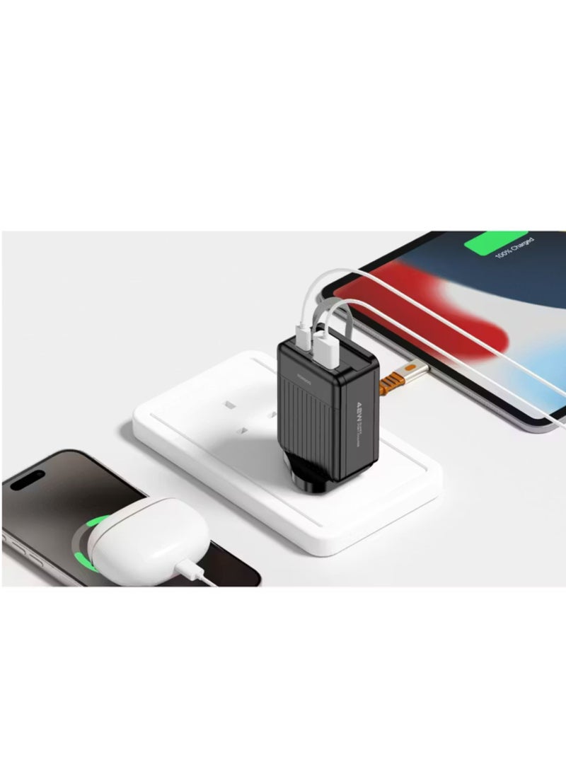 porodo Super Quick GaN Charger with 75cm Retractable Type-C Cable, 42W Power Delivery, Simultaneous Charging, 22.5W USB-A Output, Built-in Safeguards - Black  - Image 3