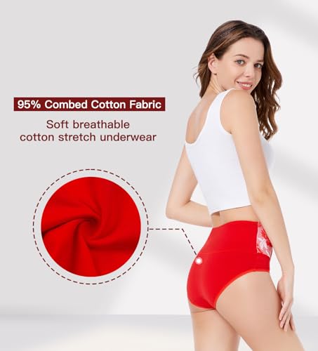 HAVVIS Women's Briefs Underwear Cotton High Waist Tummy Control Panties Rose Jacquard Ladies Panty Multipack (Brief 04-5 Pack - Red, Large) - Image 2