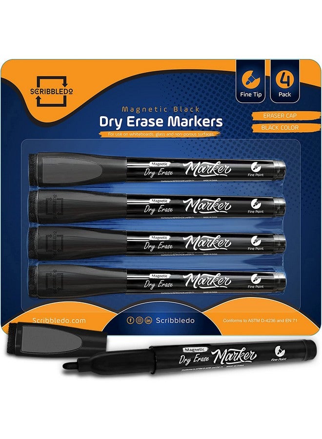 Scribbledo Magnetic Dry Erase Markers Fine Tip Black Color Low Odor Whiteboard Markers With Eraser Cap Thin Skinny White Board Markers For Adults Students Teachers Kids Art Home & School (4 Pack) - Image 1