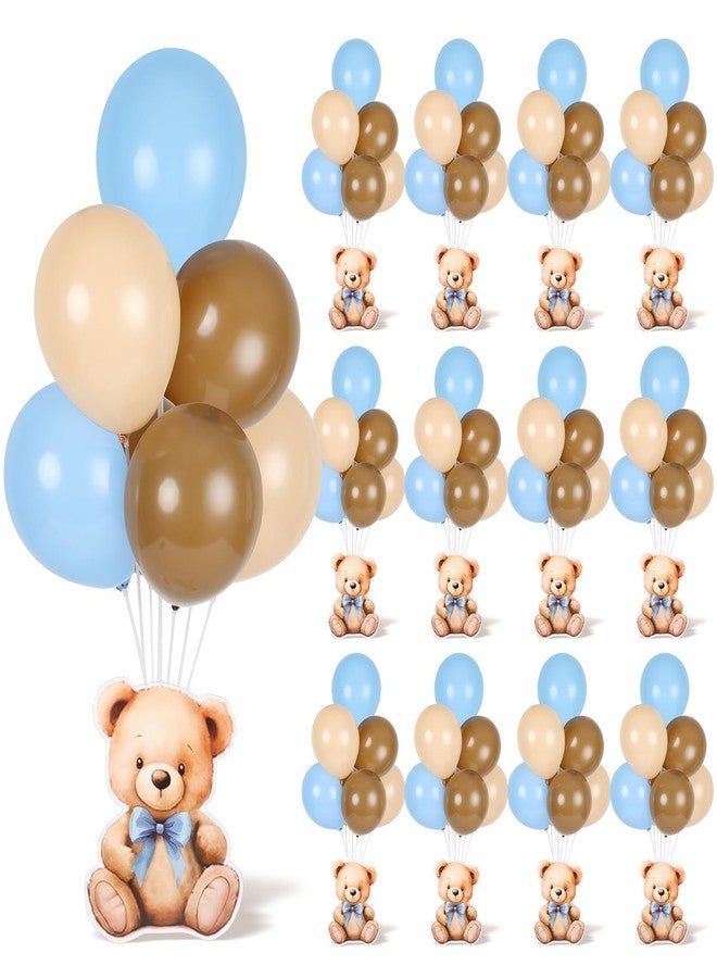 YLOLUL 12 Sets Bear Baby Shower Tables Centerpieces with Balloon Boy Baby Shower Decorations for Bear Theme Gender Reveal Birthday Party Table Decorations Supplies (Blue Bear) - Image 1
