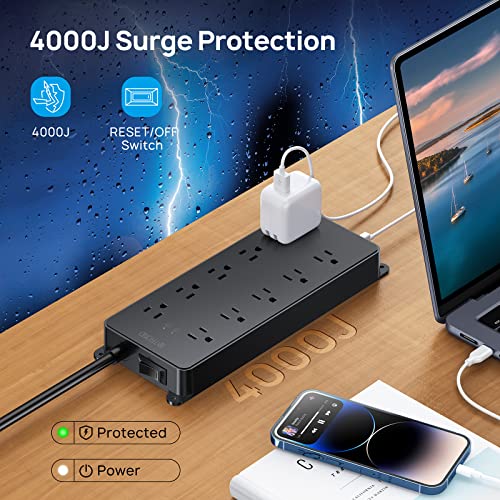 TROND Power Strip Surge Protector, 4000J, ETL Listed, 10 Widely Spaced Outlets with 2 USB A and 2 USB C, Flat Plug 5ft Extension Cord, Wall Mountable, 14AWG Heavy Duty, for Home Office Garage, Black - Image 2