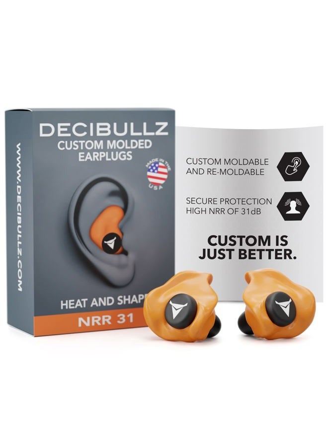 Decibullz Custom Molded Earplugs, 31dB Highest NRR, Comfortable Hearing Protection for Shooting, Travel, Swimming, Work and Concerts (Orange) - Image 1