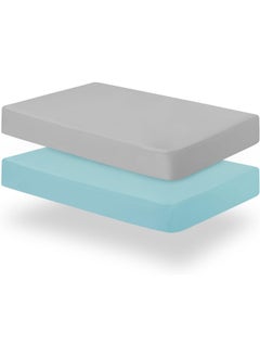 Biloban Biloban Pack and Play Sheets Fitted, 2 Pack Portable Playard | Mini Crib Sheets, Ultra Soft Microfiber Pack N Play Sheet for Boys and Girls, Grey & Aqua  - Image 1