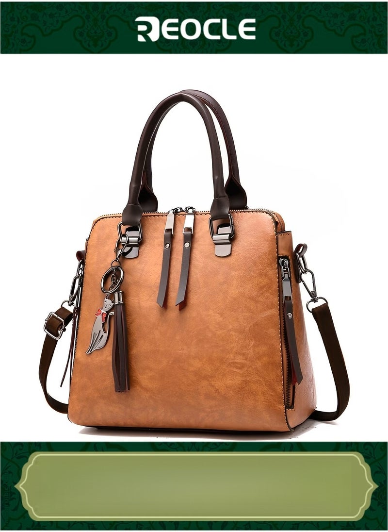 REOCLE Women's Leather Tote Handbag Crossbody Bags with Little Fox Pendant Satchel Shoulder Bag with Adjustable Strap & Large Capacity Trendy Commute Handbag - Image 1