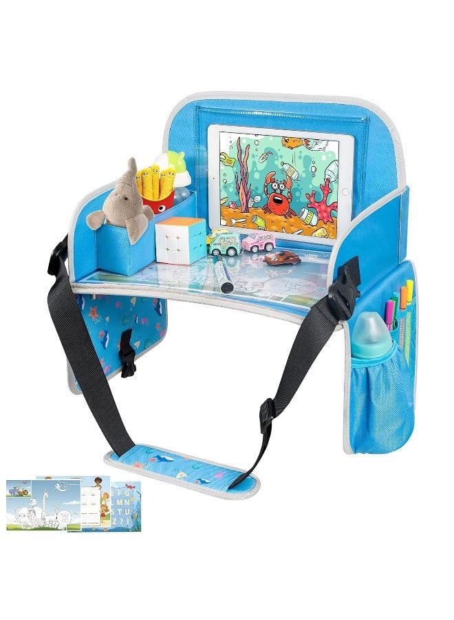 MENZOKE Kids Travel Tray, Car Seat Tray for Kids Travel, Toddler Essentials Girls with Tablet Holder, Road Trip Essentials with Cooler Cup Holder, Dry Erase Board & Storage Pocket for Airplane, Blue - Image 1