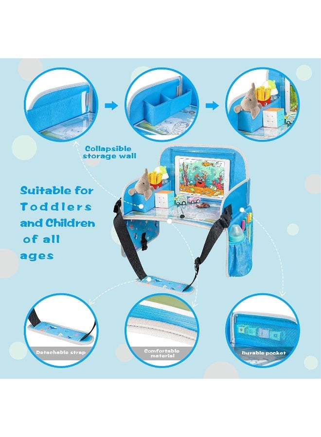 MENZOKE Kids Travel Tray, Car Seat Tray for Kids Travel, Toddler Essentials Girls with Tablet Holder, Road Trip Essentials with Cooler Cup Holder, Dry Erase Board & Storage Pocket for Airplane, Blue - Image 3