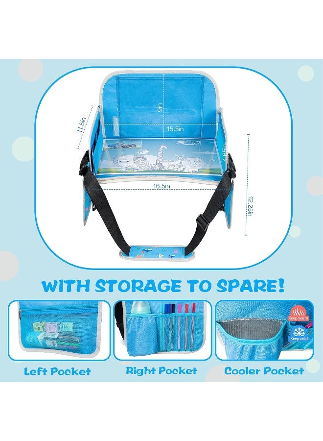 MENZOKE Kids Travel Tray, Car Seat Tray for Kids Travel, Toddler Essentials Girls with Tablet Holder, Road Trip Essentials with Cooler Cup Holder, Dry Erase Board & Storage Pocket for Airplane, Blue - Image 4