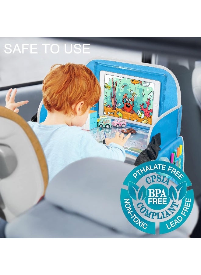 MENZOKE Kids Travel Tray, Car Seat Tray for Kids Travel, Toddler Essentials Girls with Tablet Holder, Road Trip Essentials with Cooler Cup Holder, Dry Erase Board & Storage Pocket for Airplane, Blue - Image 2