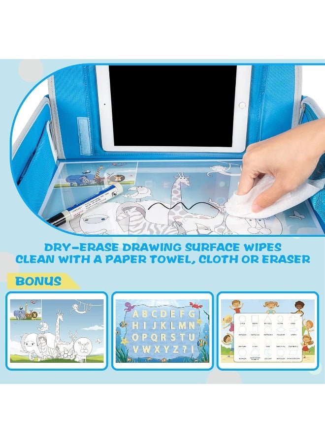 MENZOKE Kids Travel Tray, Car Seat Tray for Kids Travel, Toddler Essentials Girls with Tablet Holder, Road Trip Essentials with Cooler Cup Holder, Dry Erase Board & Storage Pocket for Airplane, Blue - Image 5