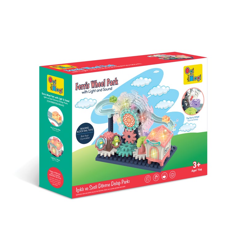 أوجي موجي تويز عجلة ملاهٍ مع إضاءة وصوت، طقم بناء للأطفال بموضوع مدينة ملاهٍ ممتعة، عجلة تفاعلية مزودة بأضواء وتأثيرات صوتية تعمل بالبطاريات، مثالية للأطفال من عمر 3 سنوات فما فوق، هدية للأطفال. - Image 2