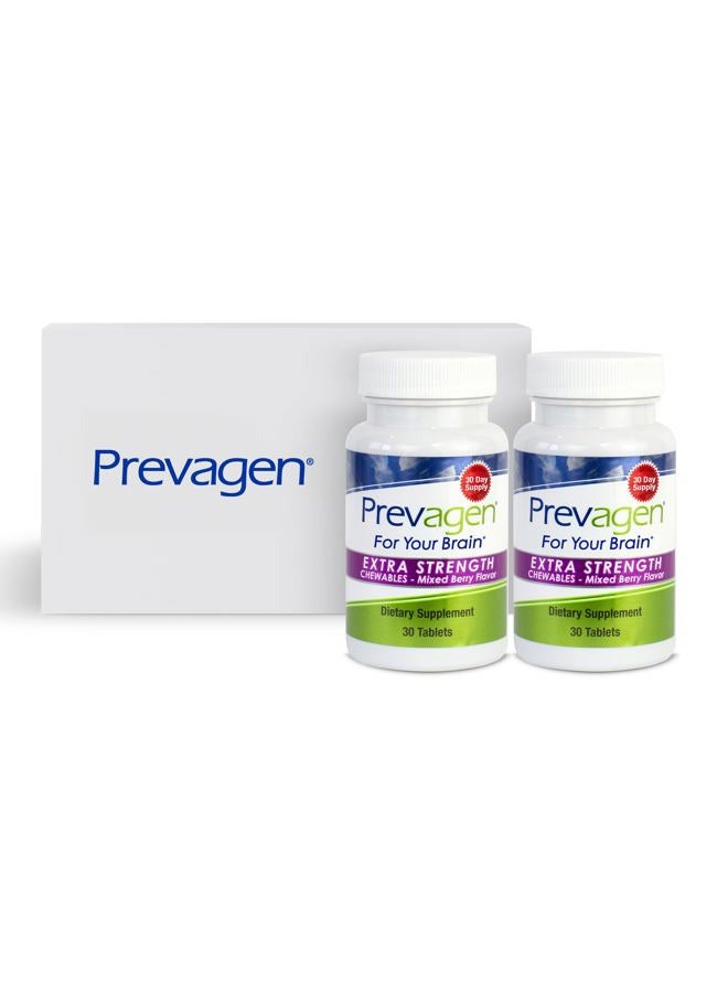 Prevagen حبوب مضغ مختلطة بالتوت بقوة إضافية - 60 حبة (عبوتين من 30 قرص) | Prevagen حبوب مضغ بقوة إضافية هي مكمل مصمم لدماغك مع 20 ملغ من Apoaequorin بالإضافة إلى فيتامين D3 - Image 1