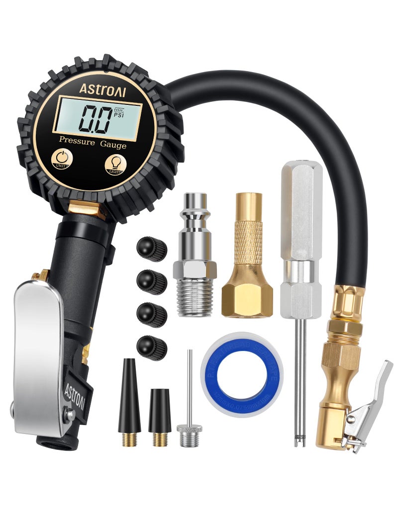AstroAI Digital Tire Pressure Gauge with Inflator3250 PSI 01 for Display Resolution Heavy Duty Air Chuck and Compressor Accessories with Rubber Hose and Quick Connect Coupler White
