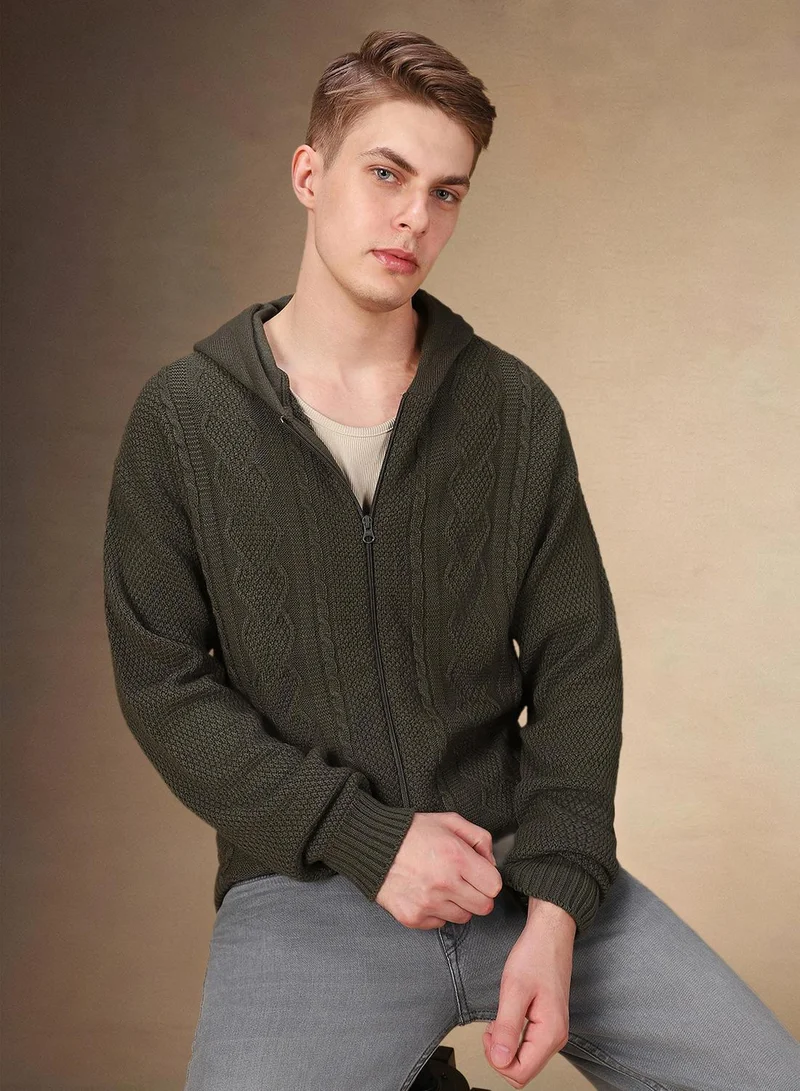 Men's Olive 100% Acrylic Solid Regular Fit Sweater