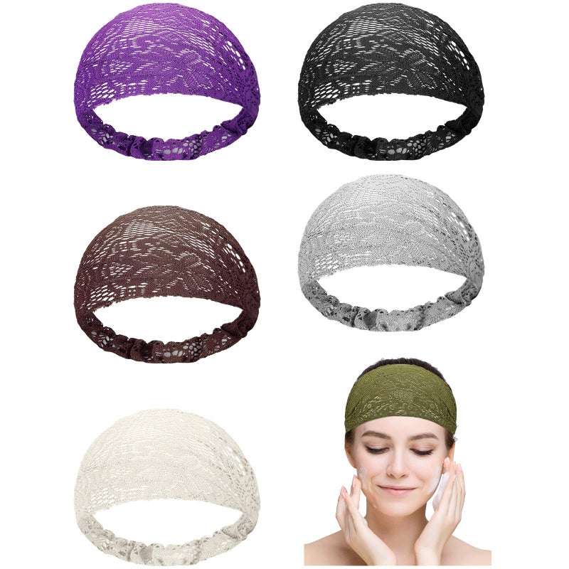 WILLBOND 6 Pieces Lace Headbands for Women Crochet Head Wrap Elastic Elegant Bohemian Vintage Hair Turban Headband Stretch Wide Hair Band Headpieces Accessories for Girls Retro Pattern 6 Colors