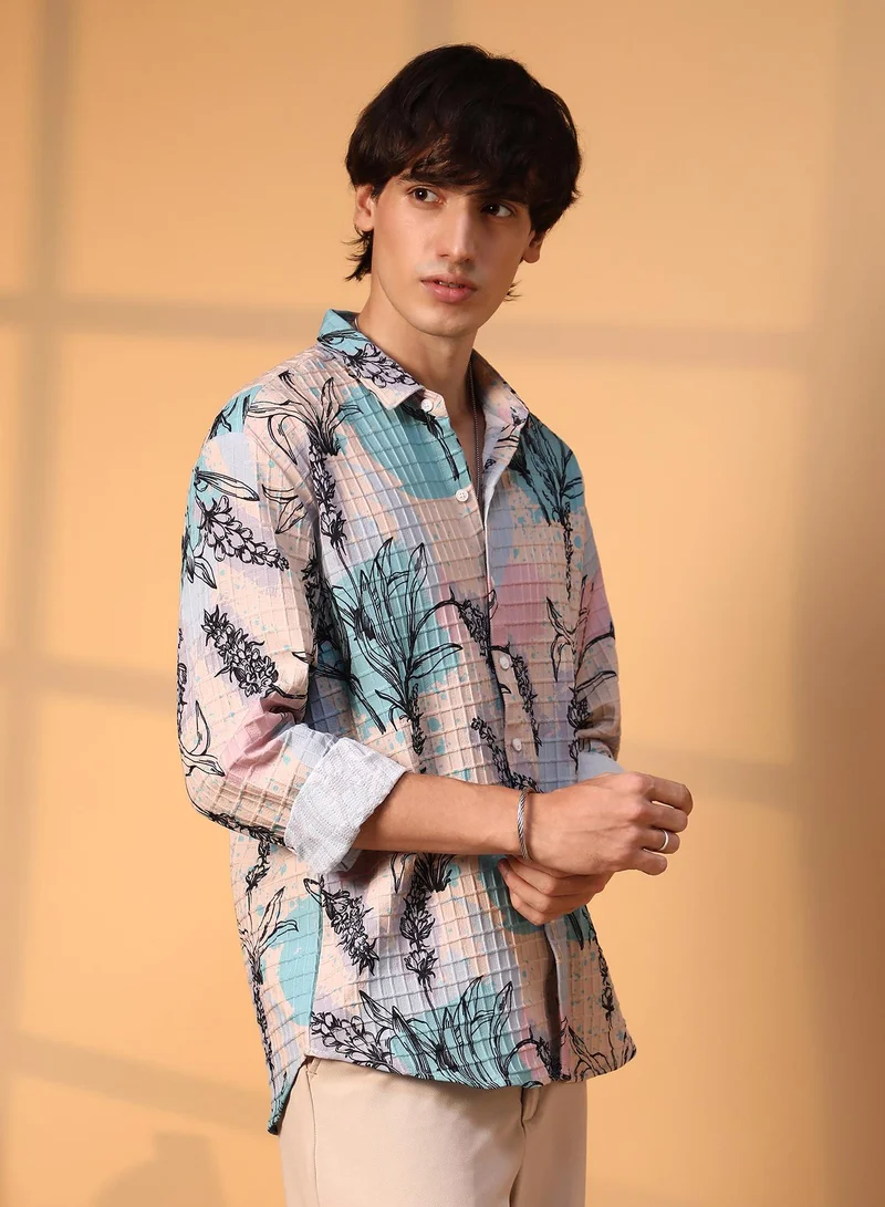 Campus Sutra Men's Multicolour Sprig-Waffle Shirt