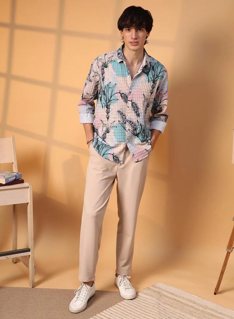 Campus Sutra Men's Multicolour Sprig-Waffle Shirt