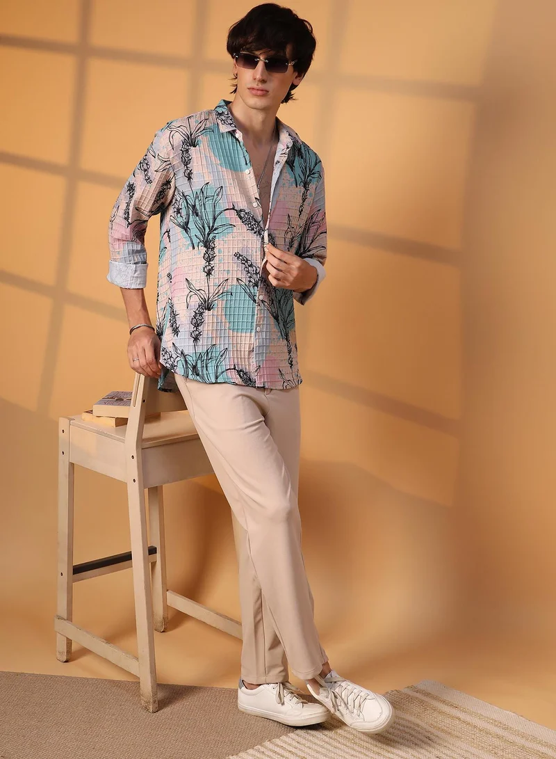 Campus Sutra Men's Multicolour Sprig-Waffle Shirt