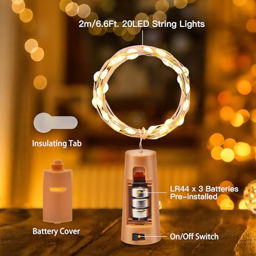 Brightown Wine Bottle Lights with Cork, 10 Pack 20 LED Waterproof Battery Operated Cork Lights, Silver Wire Mini Fairy Lights for Liquor Bottles DIY Party Bar Christmas Wedding Décor - Image 5