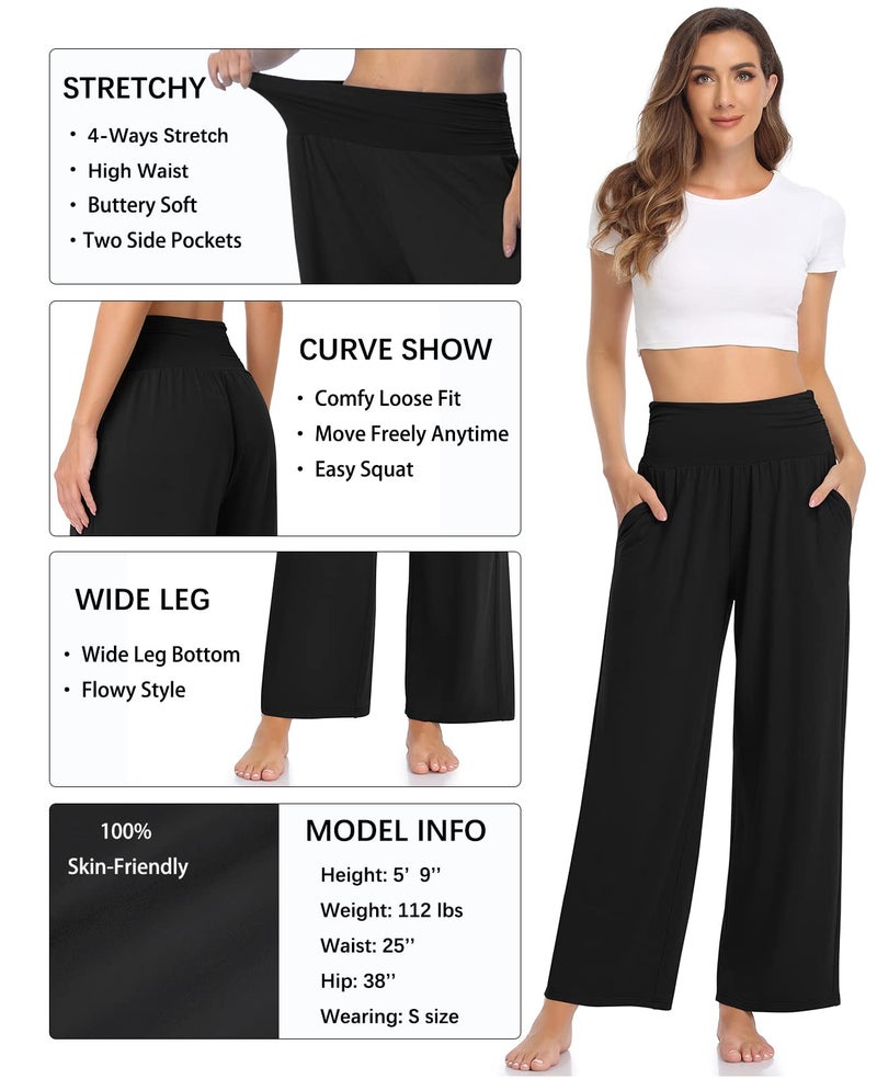 TARSE Womens Lightweight Wide Leg Pants Casual Summer Loose Yoga Sweatpants Comfy Soft Lounge Pajama Flowy Pants Pockets(Black,L) - Image 4