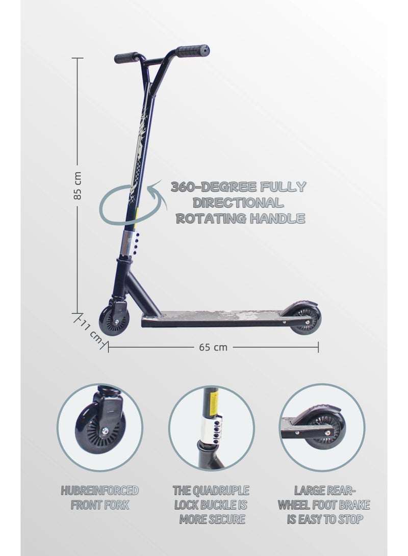 إيزي فيتشور سكوتر EASY FUTURE Stunt Scooter للحركات البهلوانية - سكوتر احترافي ثنائي العجلات بعجلات ألومنيوم 110 مم، وسطح ألومنيوم مع شريط قبضة، وقضبان عريضة على شكل حرف T، وفرامل فولاذية، ودوران 360 درجة، مثالي للمبتدئين والمتوسطين، بما في ذلك مجموعة معدات الحماية الكاملة - Image 2