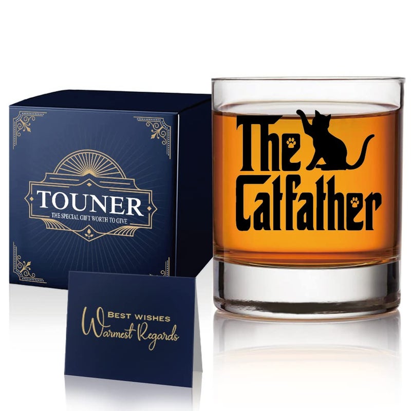 TOUNER The Catfather Whiskey Glass Funny Cat Lover Whiskey Glass Gifts for Men Dad Friends Family Fathers Day Birthday Gifts for Cat Dad Men Fathers Daddy Stepdad Catfather