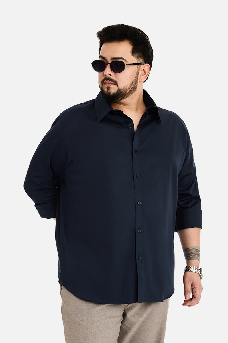 SNITCH Navy Solid Long Sleeve Regular Fit Plus Size Shirt