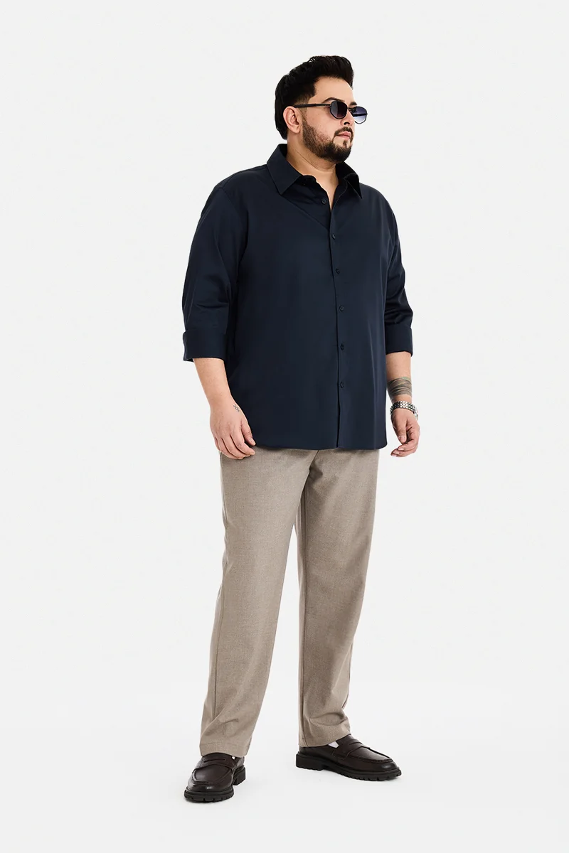 SNITCH Navy Solid Long Sleeve Regular Fit Plus Size Shirt