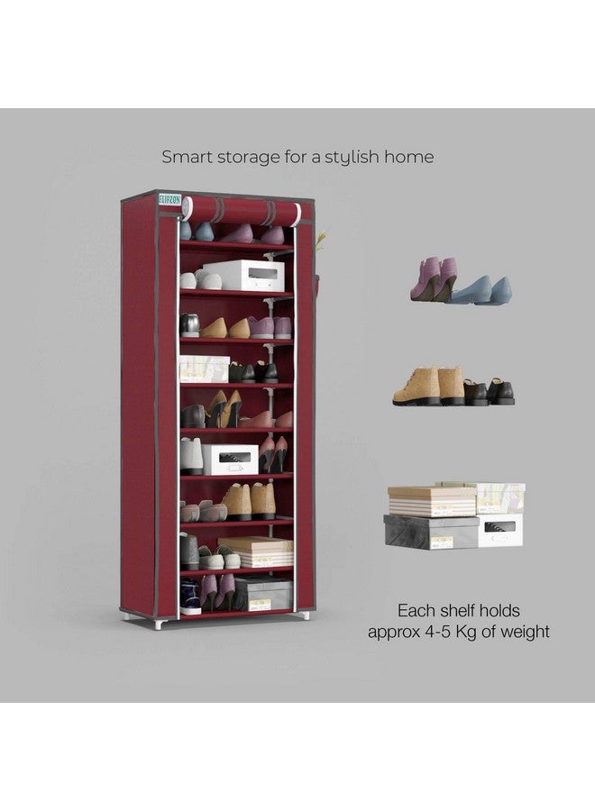 FLIPZON Multipurpose 9-Tiers Shoe Rack with Dustproof Zip Cover & Side Pockets, Multiuse Wide Space Storage Rack made by Non Woven Fabric for footwear, Toys, clothes (9 Shelves) (Maroon) - Image 3