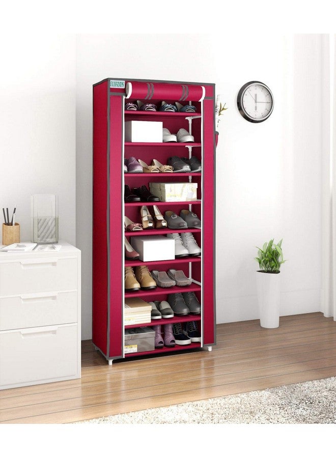 FLIPZON Multipurpose 9-Tiers Shoe Rack with Dustproof Zip Cover & Side Pockets, Multiuse Wide Space Storage Rack made by Non Woven Fabric for footwear, Toys, clothes (9 Shelves) (Maroon) - Image 1