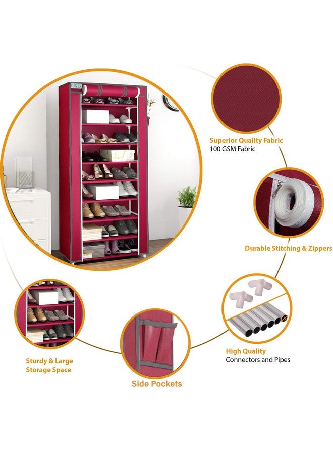 FLIPZON Multipurpose 9-Tiers Shoe Rack with Dustproof Zip Cover & Side Pockets, Multiuse Wide Space Storage Rack made by Non Woven Fabric for footwear, Toys, clothes (9 Shelves) (Maroon) - Image 5