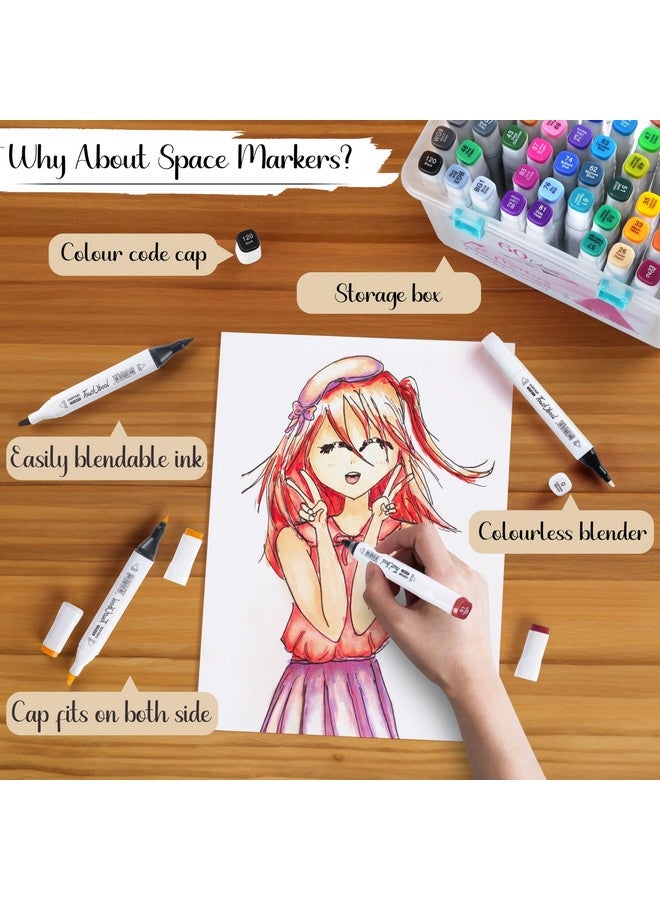 ABOUT SPACE 60 Colours Dual Tip White Art Markers with Sturdy Carrying Case Chisel & Fine Tip Marker Pens for Kids Adult Beginners Art Class Alcohol Markers for Painting Sketching Drawing Colouring - Image 5